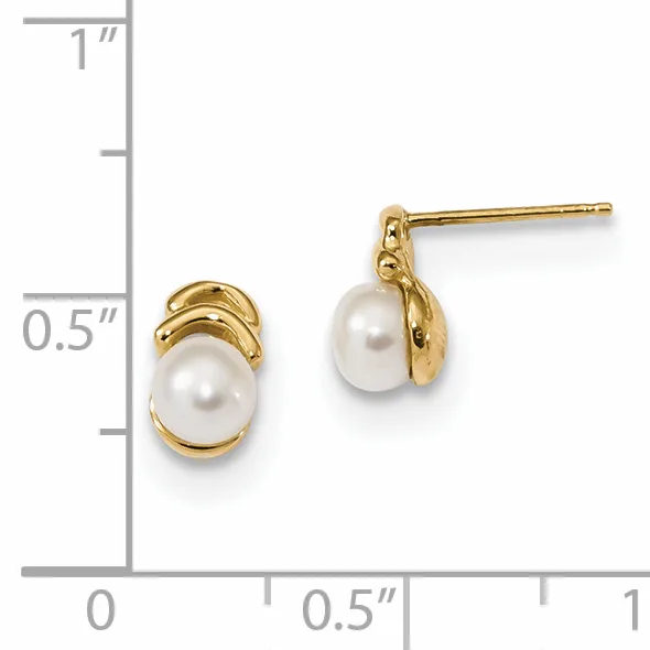 Pair of gold stud earrings with white pearls set in curved gold bezels, shown next to a measurement scale indicating approximately half an inch in height.
