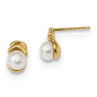 A pair of gold stud earrings featuring white pearl drops wrapped in polished gold curved metal settings, shown from the front.