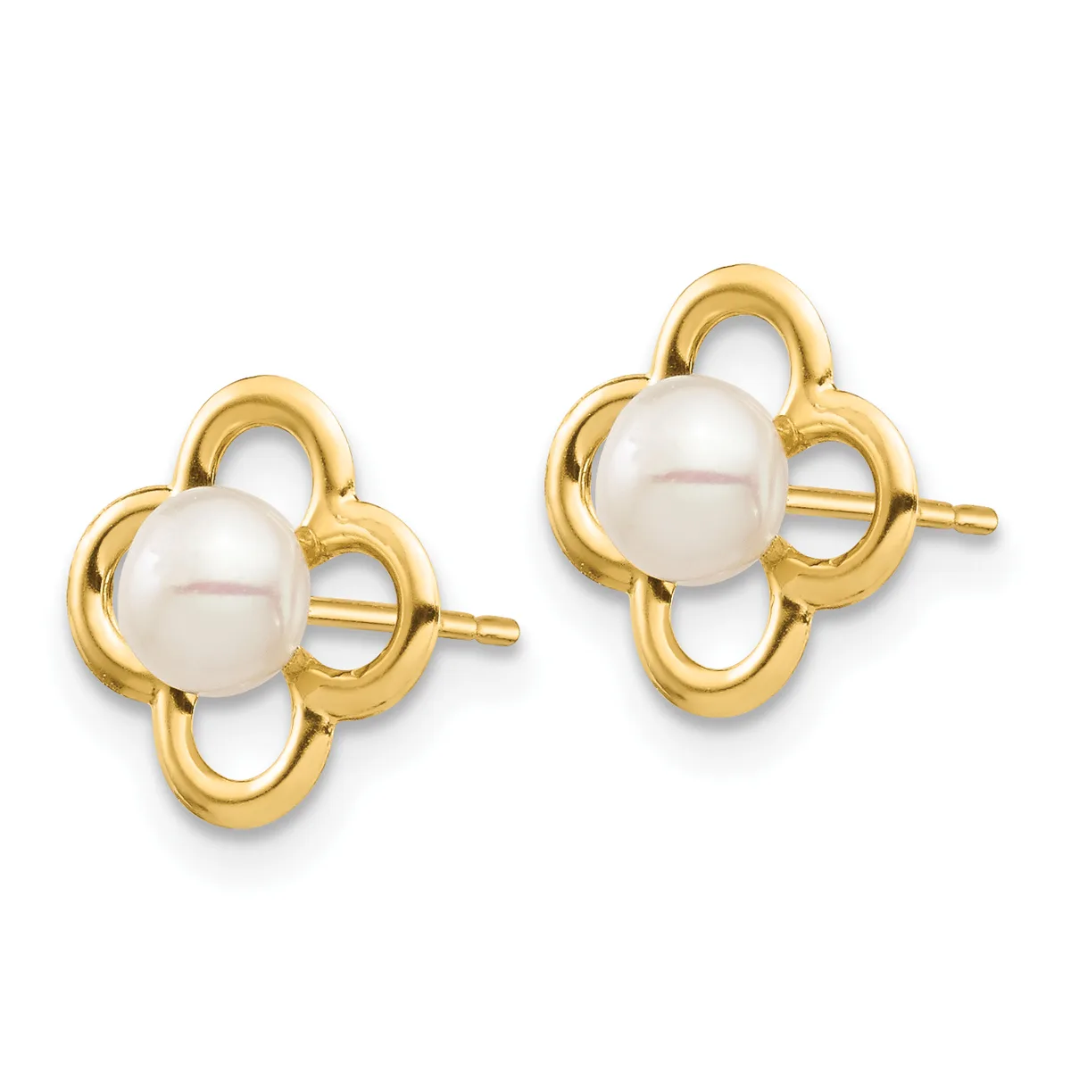 A pair of gold-toned stud earrings featuring white pearls set in four-lobed clover-shaped settings with post and butterfly backs.