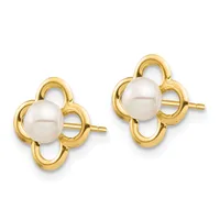 A pair of gold-toned stud earrings featuring white pearls set in four-lobed clover-shaped settings with post and butterfly backs.