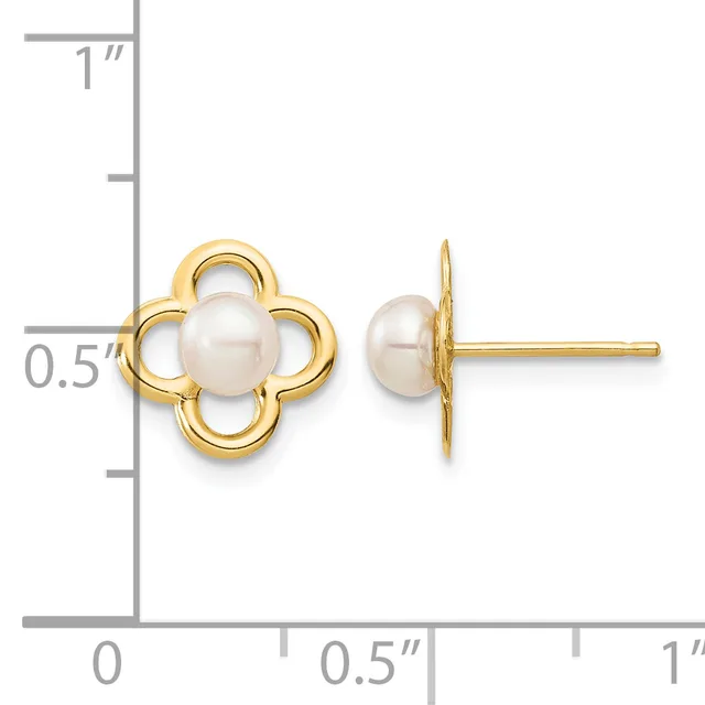 Gold quatrefoil stud earrings with white pearl centers, shown front and side view against a measurement scale.