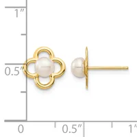 Gold quatrefoil stud earrings with white pearl centers, shown front and side view against a measurement scale.