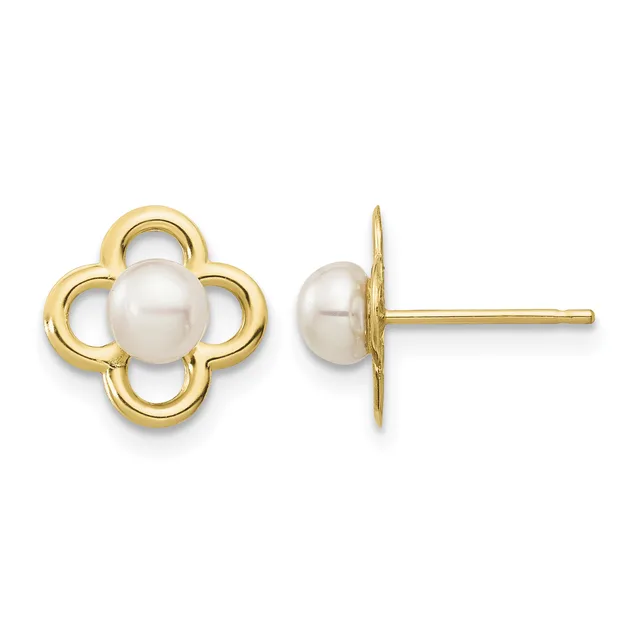 Pair of gold-tone stud earrings featuring four-lobed clover shapes with white pearl centers, shown from front and side views.