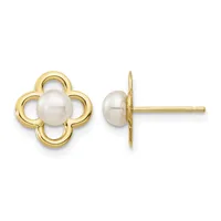 Pair of gold-tone stud earrings featuring four-lobed clover shapes with white pearl centers, shown from front and side views.