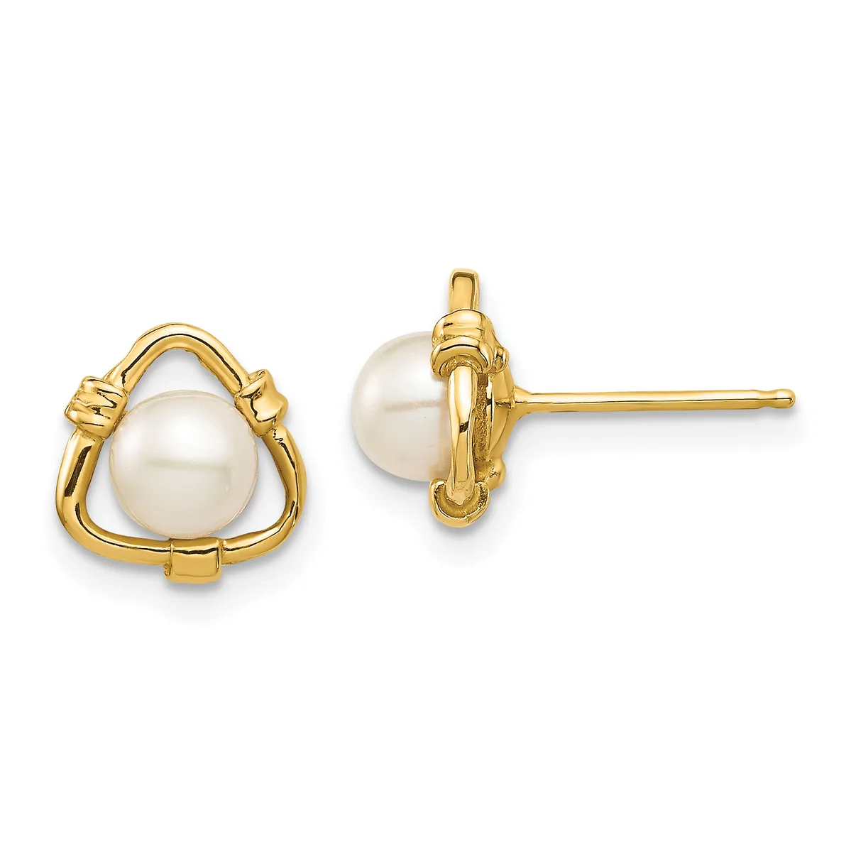 Pair of gold-toned triangular stud earrings with white pearl centers, shown from front and side views.