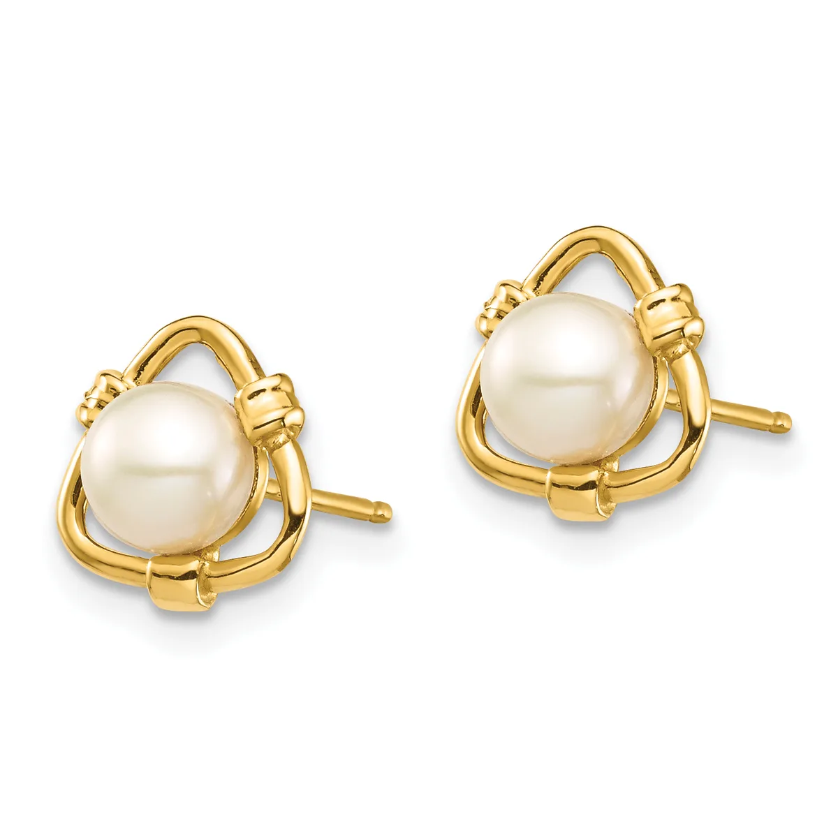 A pair of gold stud earrings, each featuring a round white pearl set within an open curved gold framework with a polished finish.