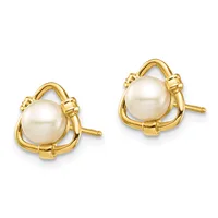 A pair of gold stud earrings, each featuring a round white pearl set within an open curved gold framework with a polished finish.