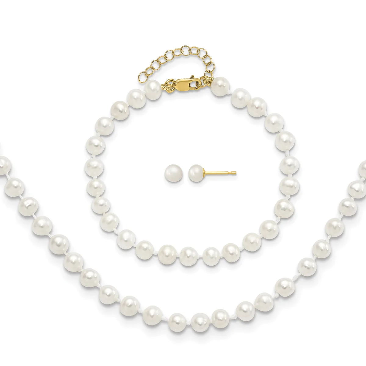 White pearl bracelet with gold clasp and chain extension displayed next to matching white pearl stud earrings on white background.
