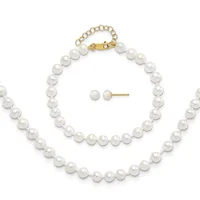 White pearl bracelet with gold clasp and chain extension displayed next to matching white pearl stud earrings on white background.