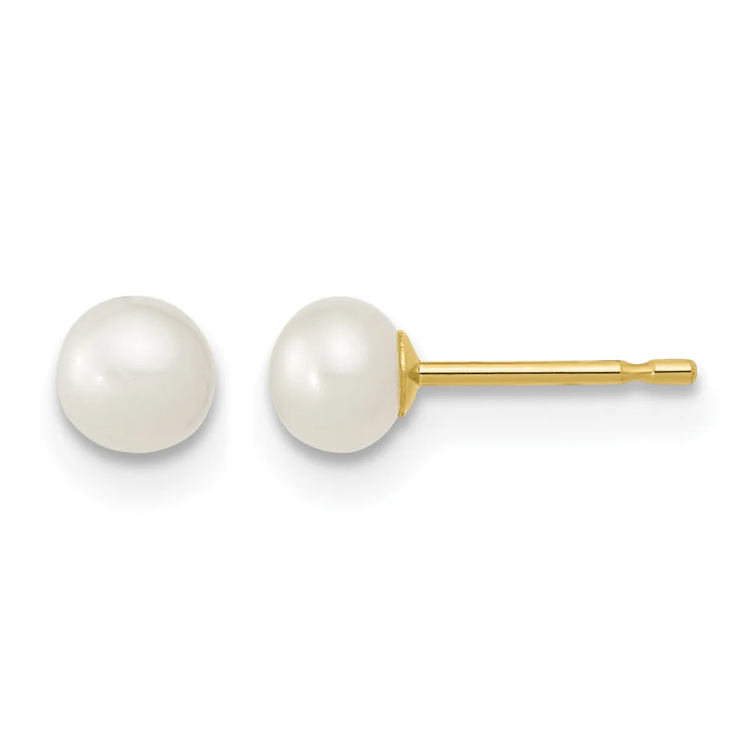 A pair of white pearl stud earrings with gold posts and backs, shown from front and side views.