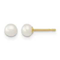 A pair of white pearl stud earrings with gold posts and backs, shown from front and side views.