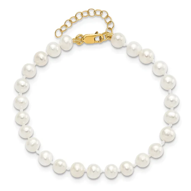 A bracelet composed of round white pearl beads strung together, featuring a gold-toned clasp with an adjustable chain link extension at the top.