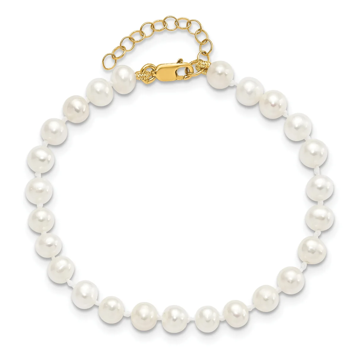 A bracelet composed of round white pearl beads strung together, featuring a gold-toned clasp with an adjustable chain link extension at the top.