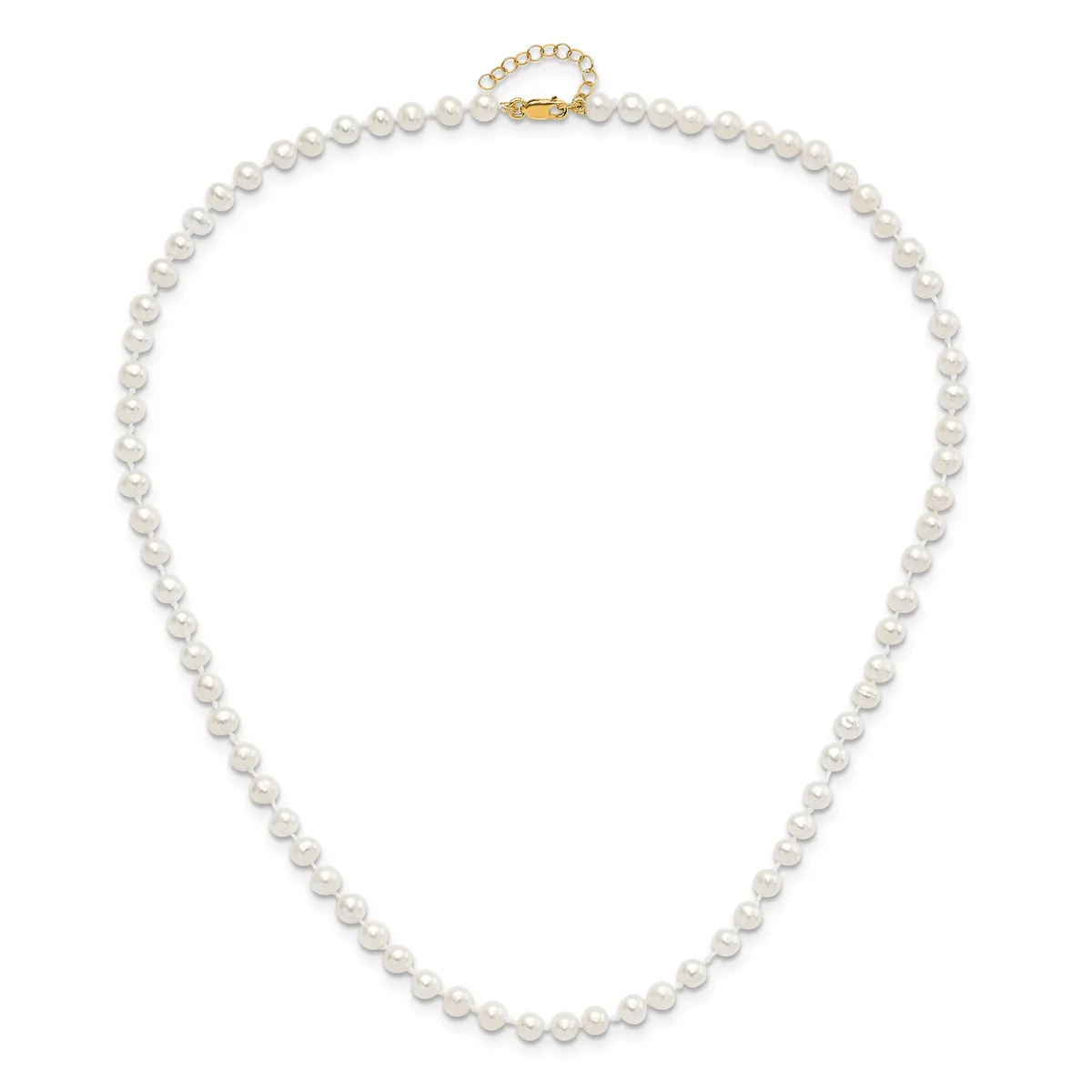 A string of white pearls with a gold-toned clasp and adjustable chain extension displayed on a white background.