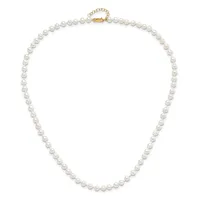 A string of white pearls with a gold-toned clasp and adjustable chain extension displayed on a white background.