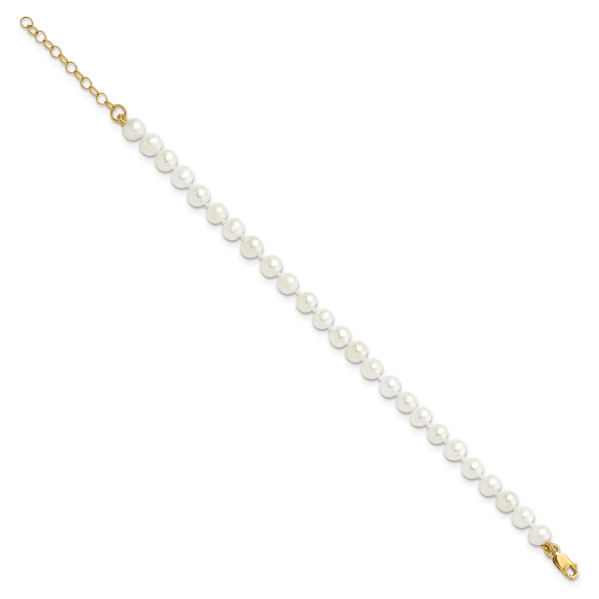 Gold-tone chain bracelet with white pearl beads strung throughout and a lobster clasp closure at each end.