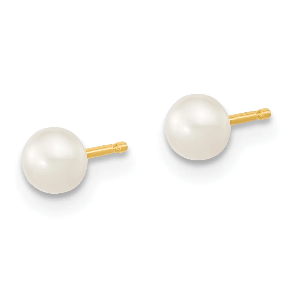 A pair of white pearl stud earrings with gold posts and backs, displayed against a white background.