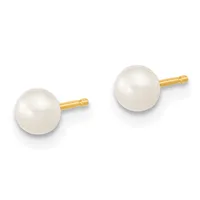 A pair of white pearl stud earrings with gold posts and backs, displayed against a white background.