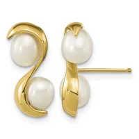 A pair of gold stud earrings featuring two lustrous white pearls each, suspended within curved gold frames that wrap around the pearls, shown from front and side views.