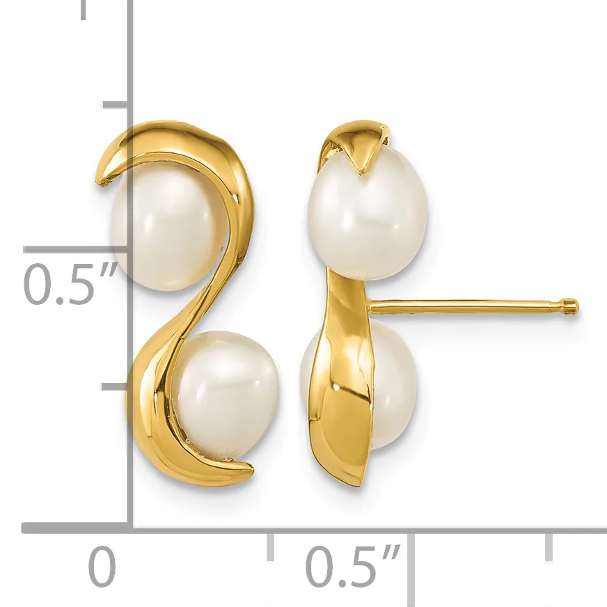 Pair of gold curved earrings each featuring two white pearl drops, shown from front and back views with a measurement scale indicating approximately 0.5 inches in length.