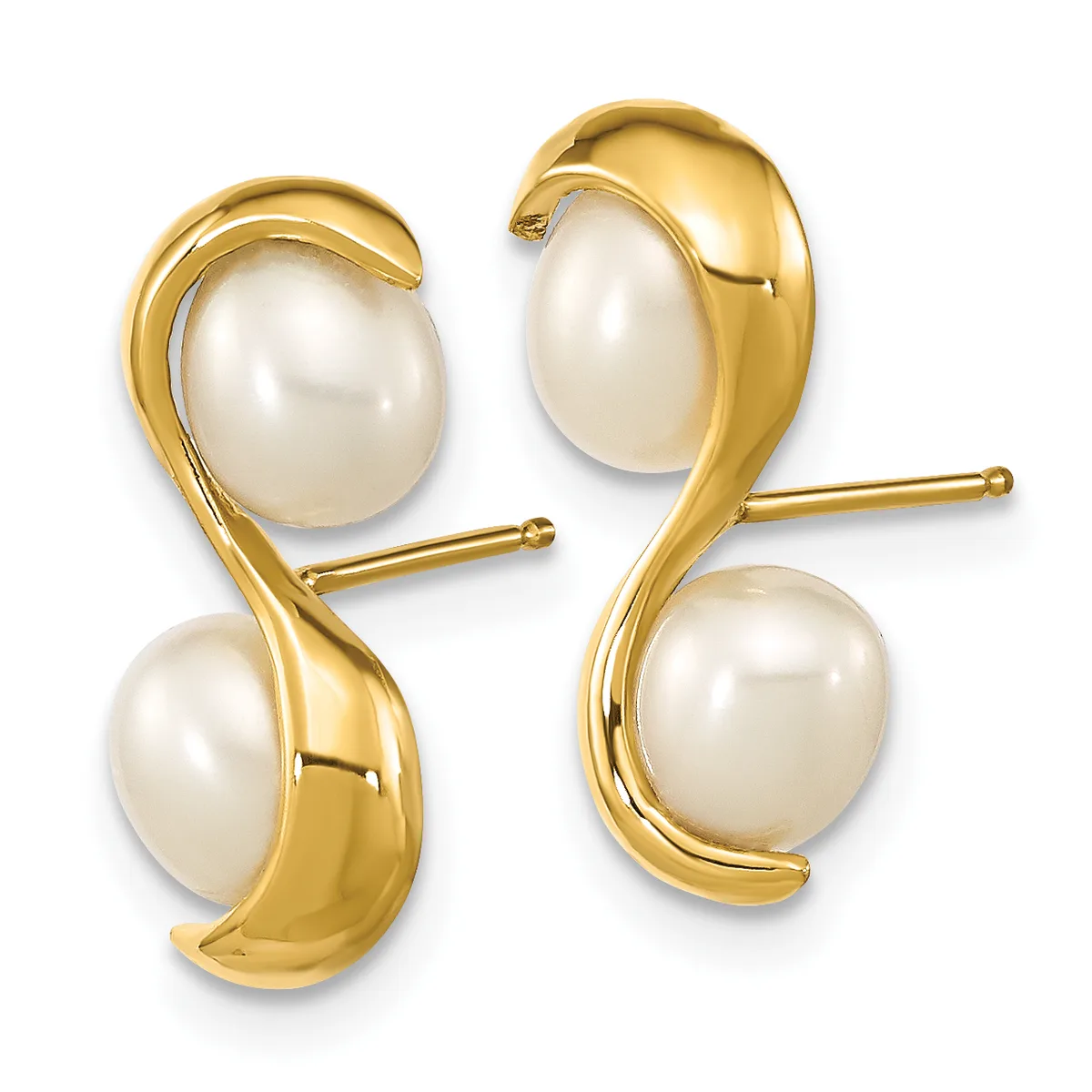 Pair of gold-colored curved earrings with white pearl drops, shown against a white background.