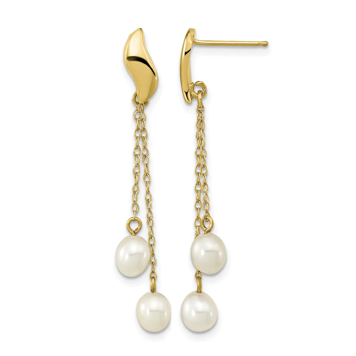 Pair of gold drop earrings with curved top posts and delicate chains suspending two cream-colored pearls on each earring.