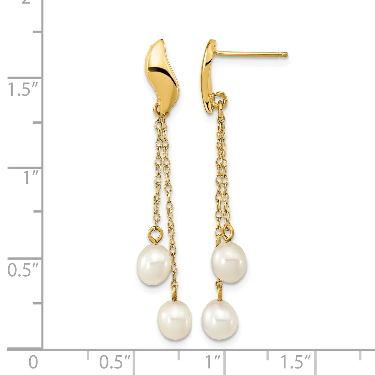 Gold-toned drop earrings with curved top posts suspending chains from which two white pearl beads hang, displayed against a measurement scale.