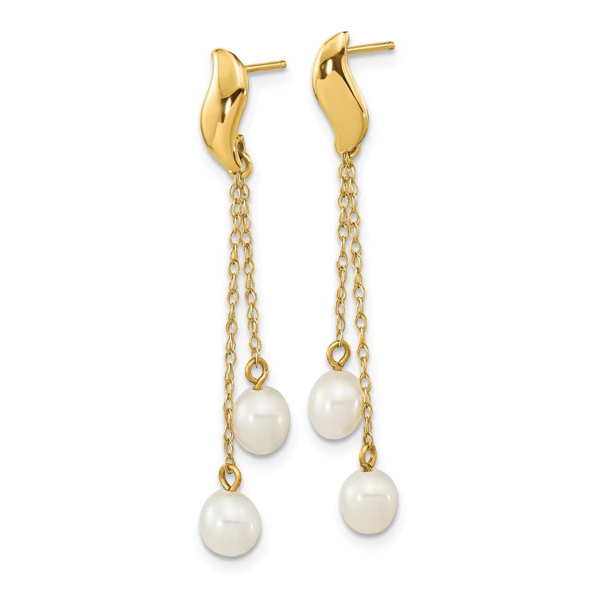Pair of gold-colored drop earrings with curved top posts and double chain strands, each suspending a white pearl at the end.