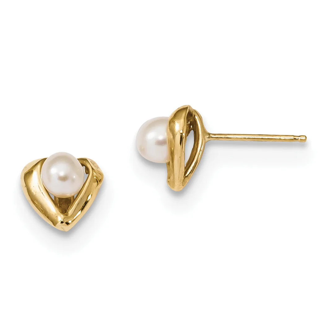 A pair of gold stud earrings, each featuring a white pearl nestled within a curved gold setting shaped like a stylized leaf or flame.