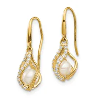 Pair of gold teardrop earrings with pearl centers surrounded by small diamonds, suspended from curved gold ear wires.