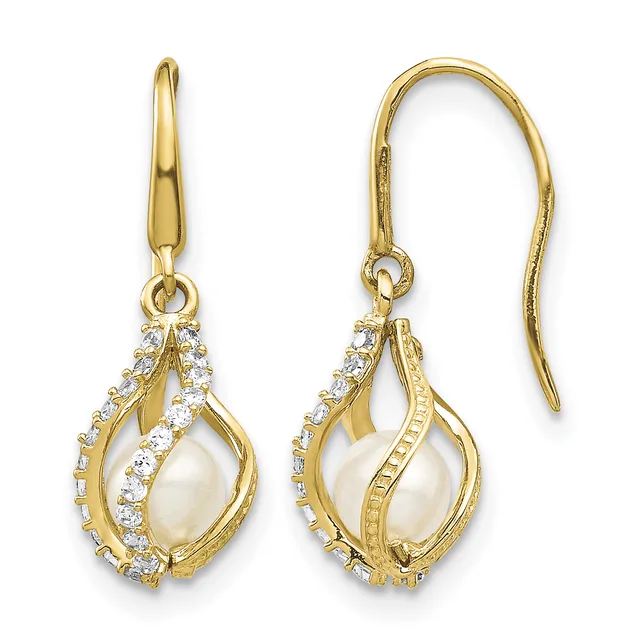 Pair of gold drop earrings with pearl centers surrounded by diamond accents and curved gold wire hooks for pierced ears.
