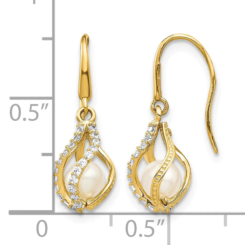 Pair of gold teardrop earrings with pearl centers surrounded by diamond accents, shown on a measurement scale indicating approximately 0.5 inches in height.