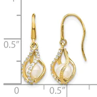 Pair of gold teardrop earrings with pearl centers surrounded by diamond accents, shown on a measurement scale indicating approximately 0.5 inches in height.