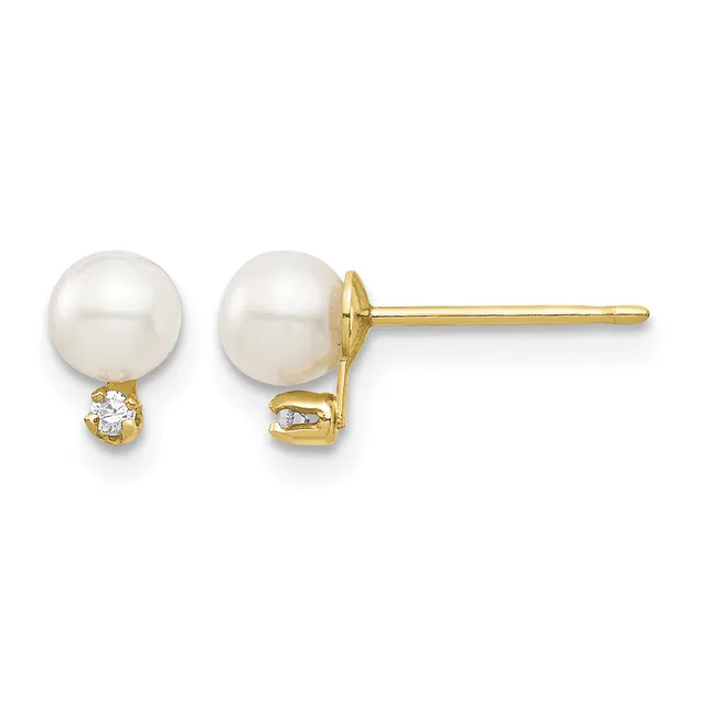 Pair of gold stud earrings featuring round white pearls with small round diamond accents below each pearl.
