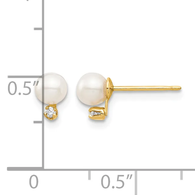 Pair of gold stud earrings with white pearl tops and small diamond accents, shown against a measurement scale indicating approximately 0.5 inches in length.