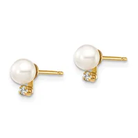 Pair of gold stud earrings, each featuring a white pearl on top and a small round diamond accent below, shown from the front against a white background.