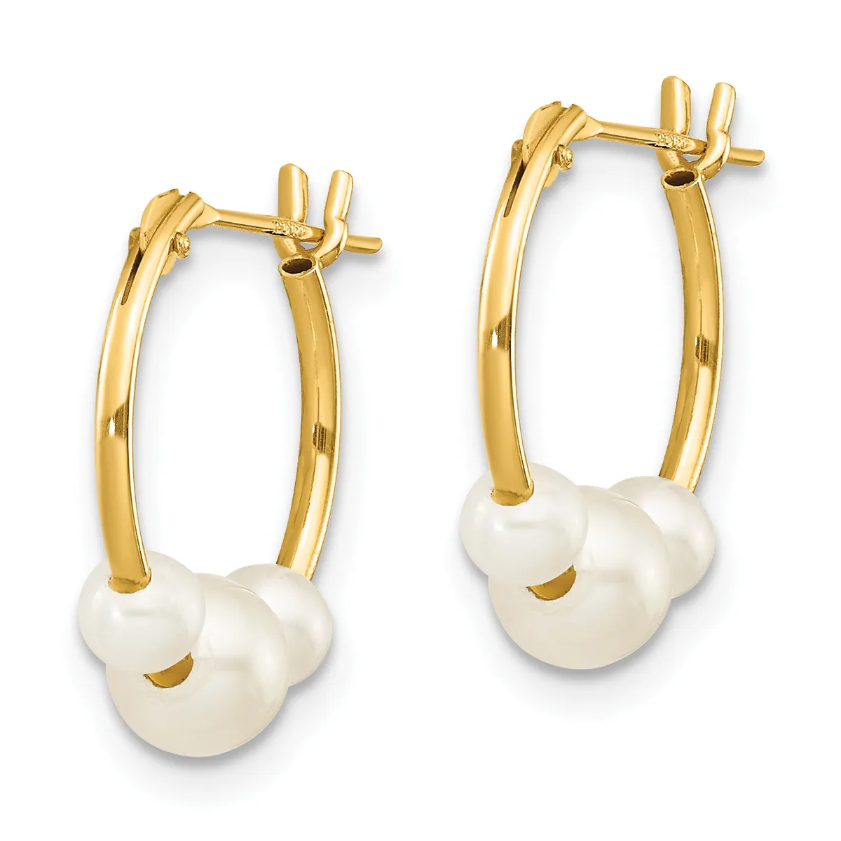 Pair of gold hoop earrings with white pearl drops, featuring hinged clasp closures and a polished finish.