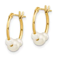 Pair of gold hoop earrings with white pearl drops, featuring hinged clasp closures and a polished finish.