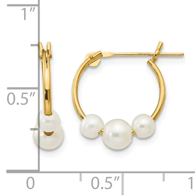 Gold-toned hoop earrings with three white pearl drops, displayed front and side view with a measurement scale showing approximately one inch in length.