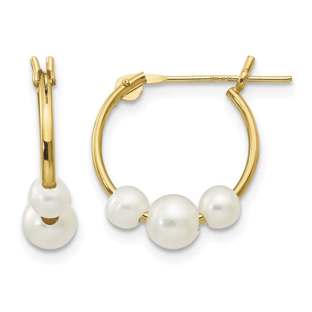 Pair of gold hoop earrings with three white pearls suspended from each hoop, shown from front and side views.
