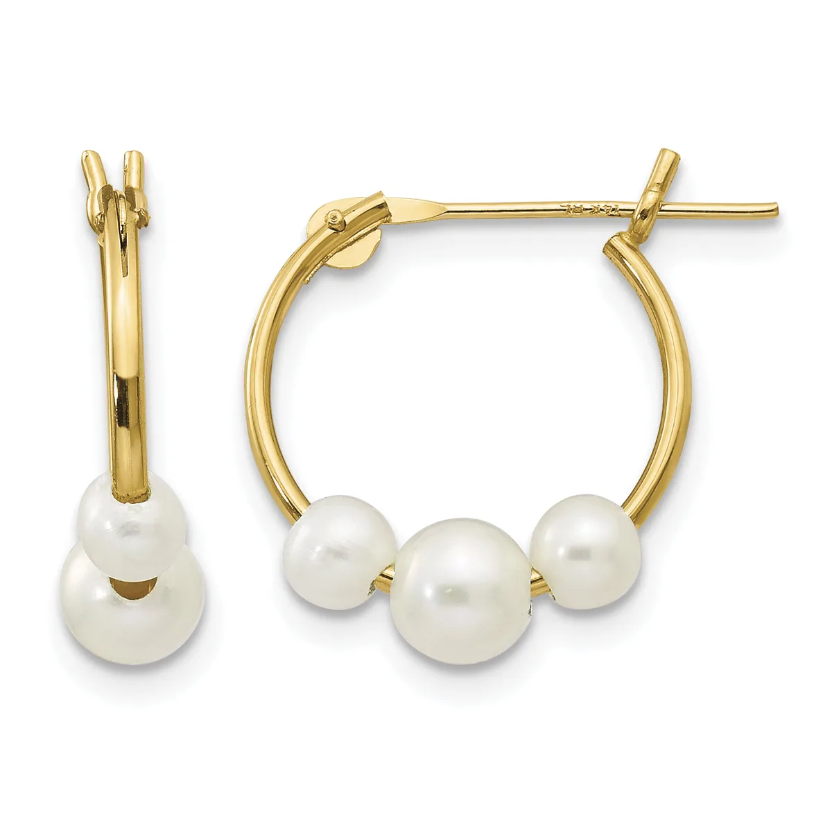 Pair of gold hoop earrings with three white pearls suspended from each hoop, shown from front and side views.