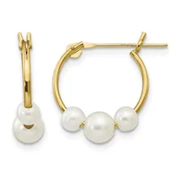 Pair of gold hoop earrings with three white pearls suspended from each hoop, shown from front and side views.