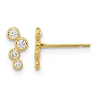 Gold stud earrings with four round cubic zirconia stones arranged vertically in bezel settings, shown from front and side views.
