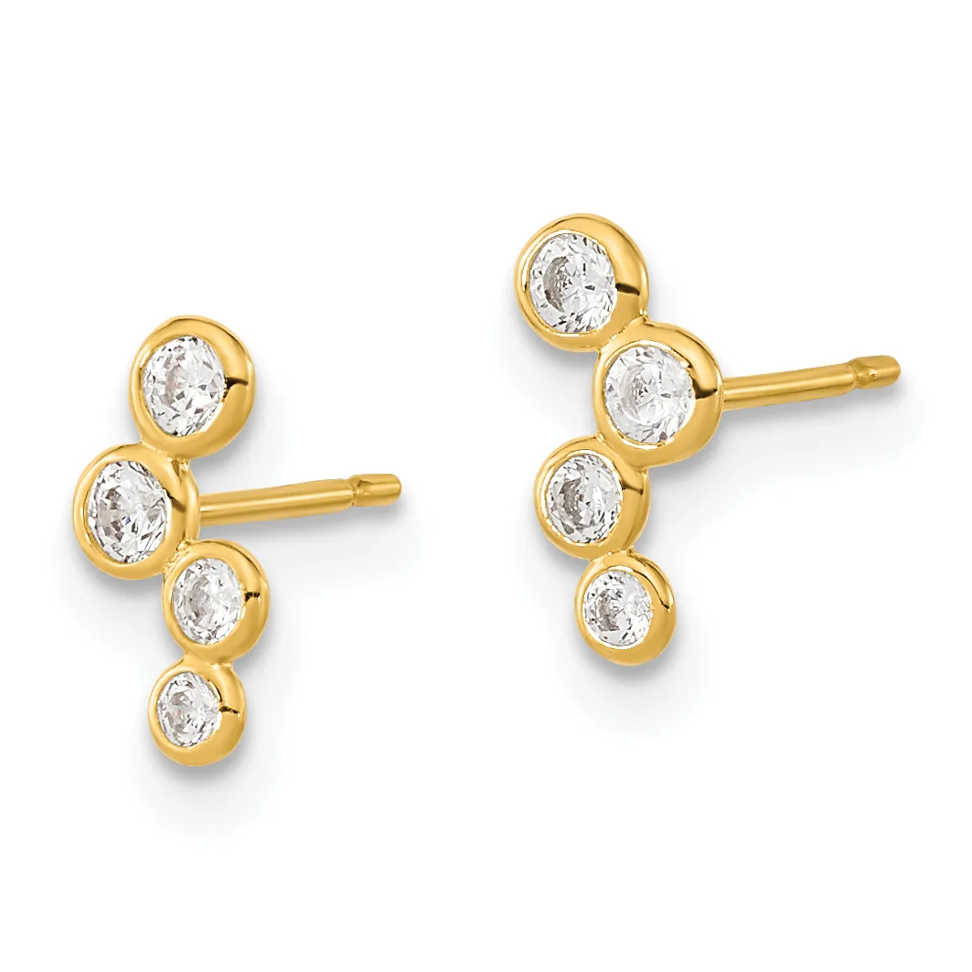 A pair of gold stud earrings with bezel-set cubic zirconia stones arranged in a curved cluster design on post backs.