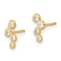 A pair of gold stud earrings with bezel-set cubic zirconia stones arranged in a curved cluster design on post backs.