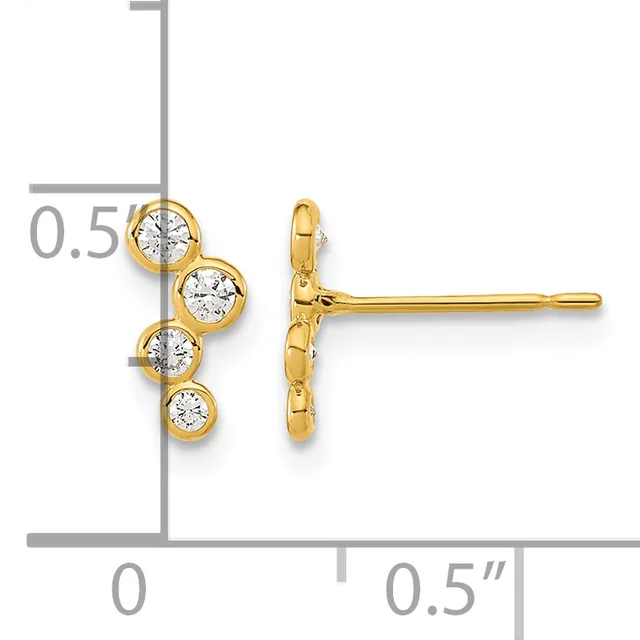 Gold earrings with four round diamonds arranged vertically, shown from front and side views with a measurement scale indicating approximately 0.5 inches in height.
