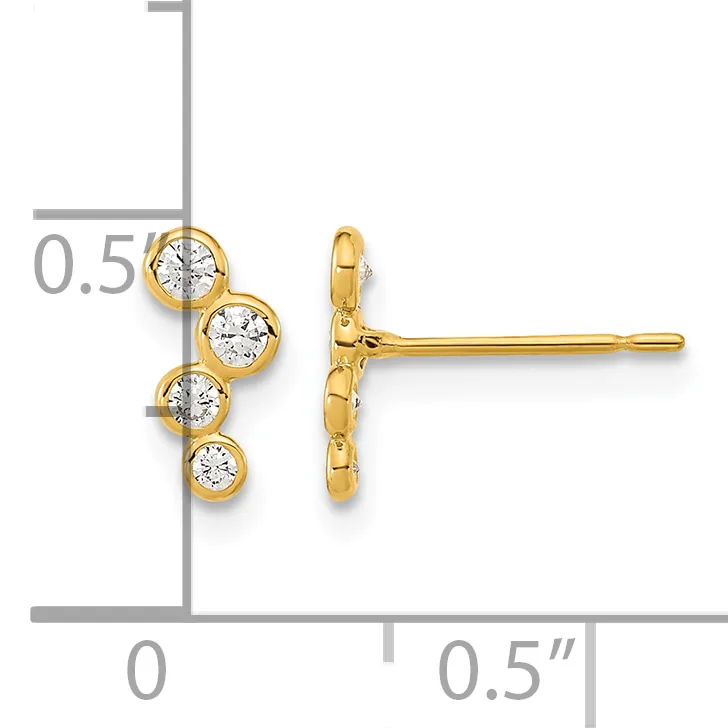 Gold earrings with four round diamonds arranged vertically, shown from front and side views with a measurement scale indicating approximately 0.5 inches in height.