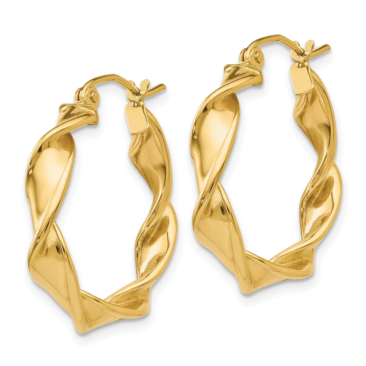 A pair of gold twisted hoop earrings with hinged closures, displayed side by side against a white background.