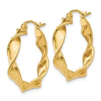 A pair of gold twisted hoop earrings with hinged closures, displayed side by side against a white background.