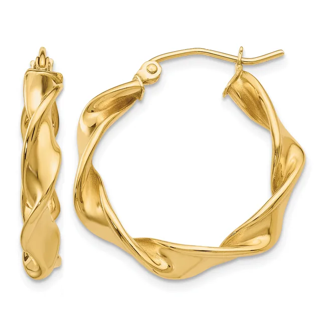 A pair of twisted gold hoop earrings with a textured surface, shown from front and side views against a white background.